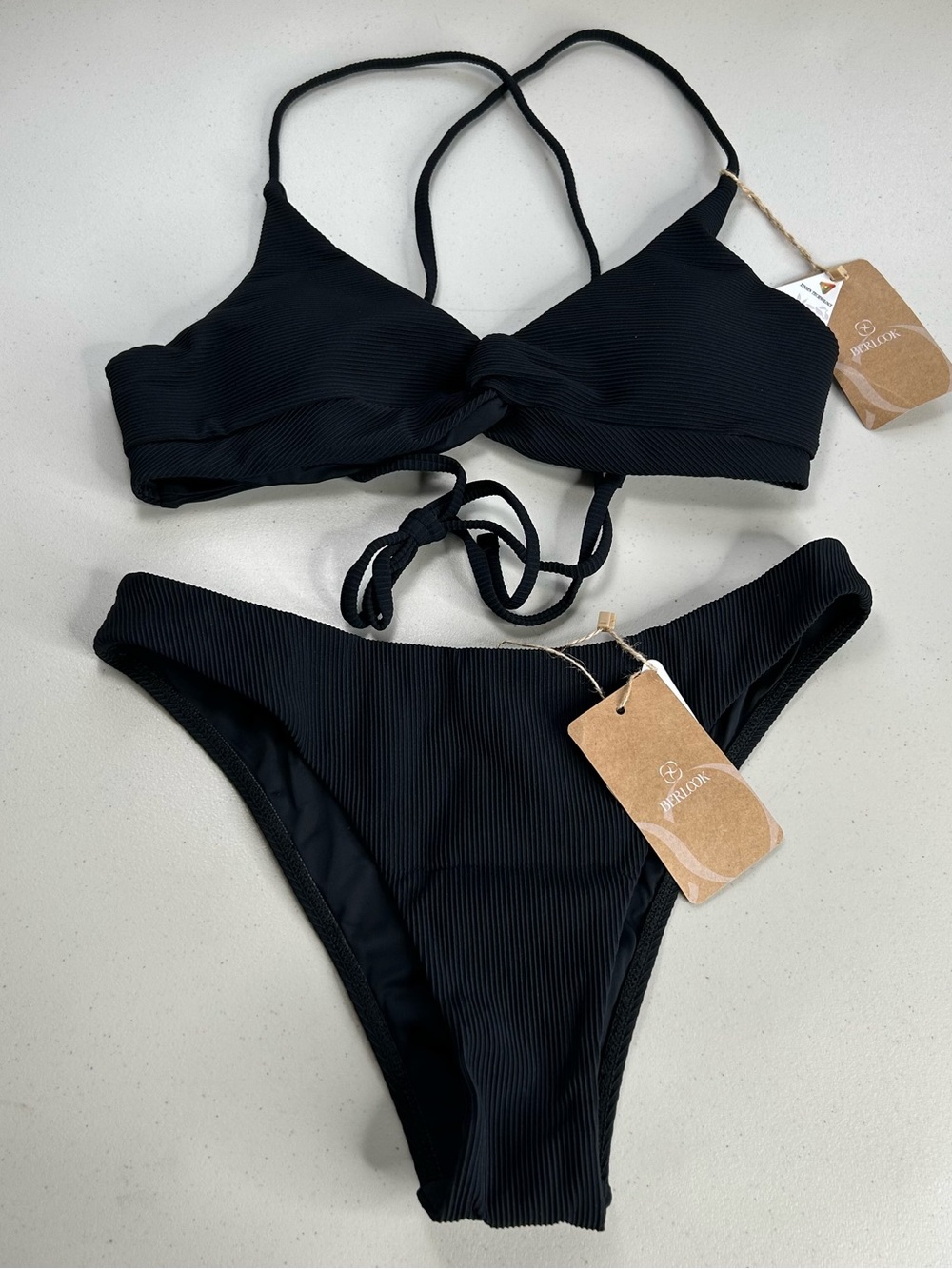 Berlook Bikini Set Black Small Backless Top Low Waisted Bottom New Swimsuit